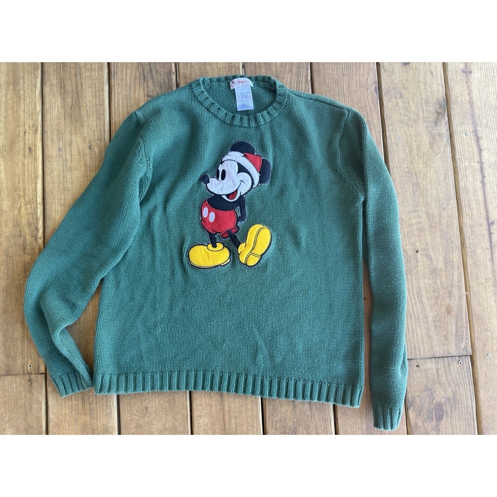 Vintage Disney Store Mickey Mouse Christmas Green Knitted Crew Neck Sweater L